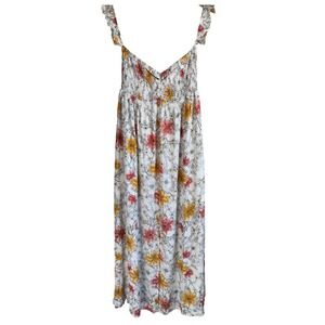 Floral Boho Mid Summer Maxi Dress Women's Size M Ruffle Lined Ruched Swiss Dot